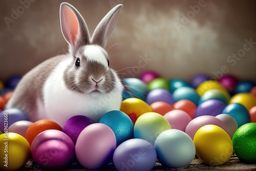 Easter Bunny With Many Colorful Eggs Generative AI © Aleksandar