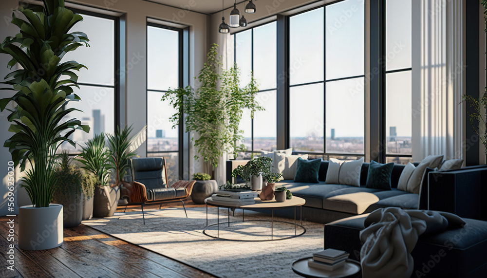 Zoom background: a modern penthouse living room with large windows, Generative AI - obrazy, fototapety, plakaty 