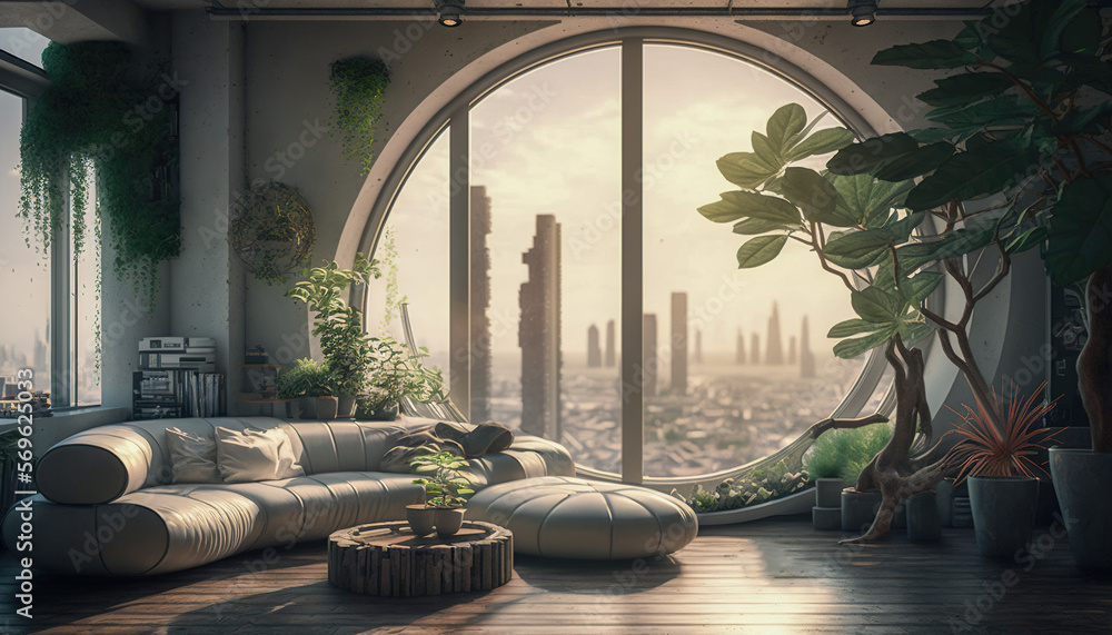 Zoom background: a futuristic penthouse living room with large round window, Generative AI - obrazy, fototapety, plakaty 