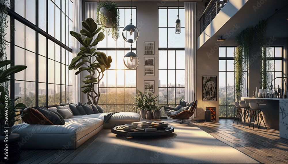 Zoom background: a modern high penthouse living room with large windows, Generative AI - obrazy, fototapety, plakaty 