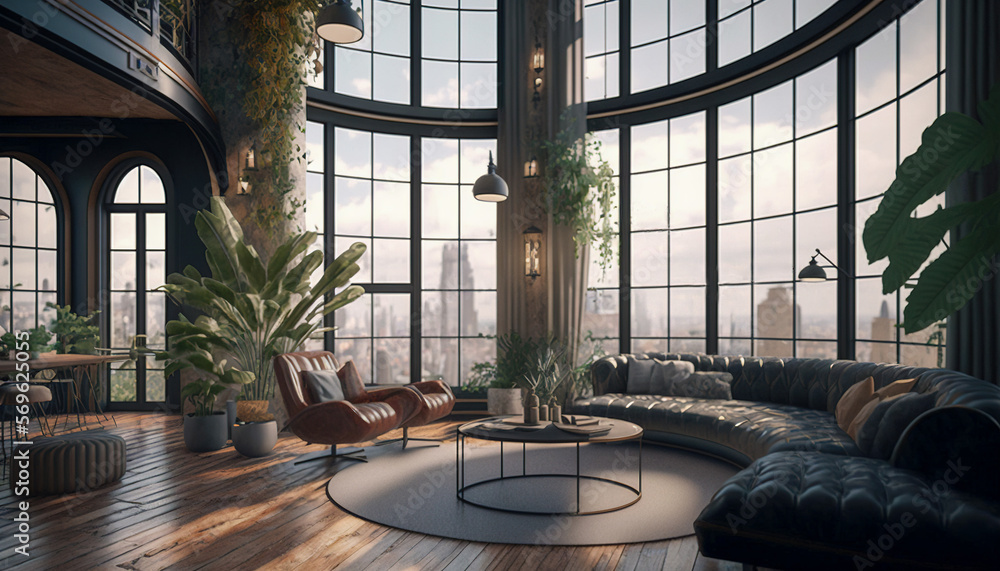 Zoom background: a luxury penthouse living room with large window