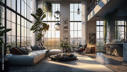Zoom background: a modern high penthouse living room with large windows, Generative AI photo