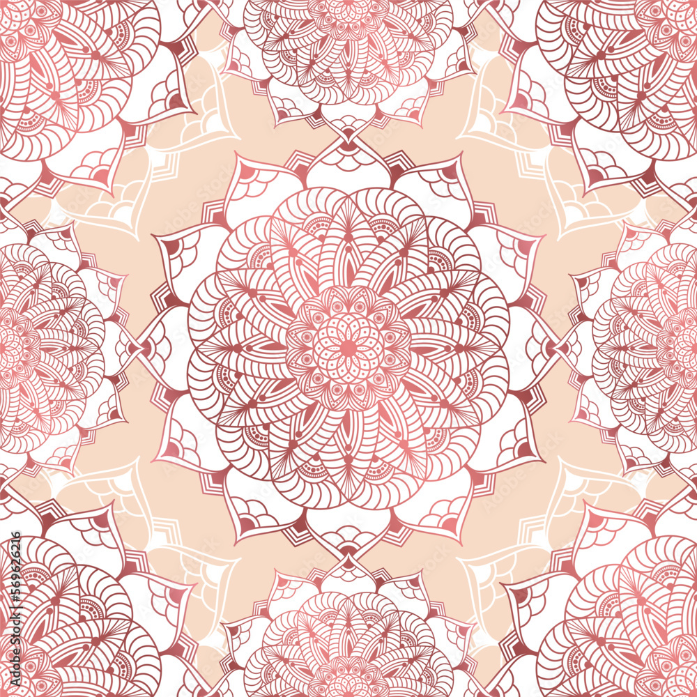 Abstract seamless pattern of luxury mandala with floral elements. Decorative vintage ornament on a pink background. Ethnic mosaic oriental vector illustration for wallpaper, wrapping paper, fabric