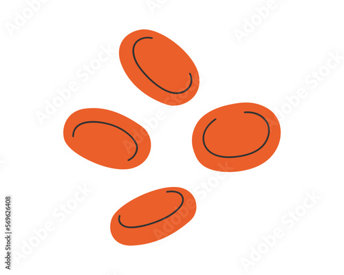Hand drawn cute illustration set of erythrocytes. Flat vector red blood cells in simple colored doodle style. Blood test, donor, medicine sticker, icon or print. Isolated on white background