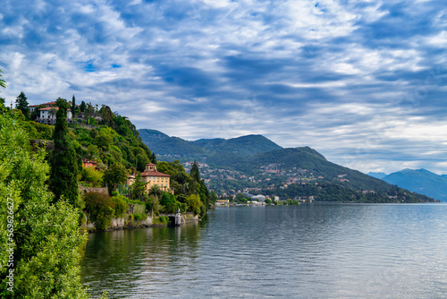 Panorama of Lake Maggiore from the gardens of Villa Taranto, Pallanza, Lake Maggiore, Verbania District, Piedmont, Italian Lakes, Italy, Europe photo