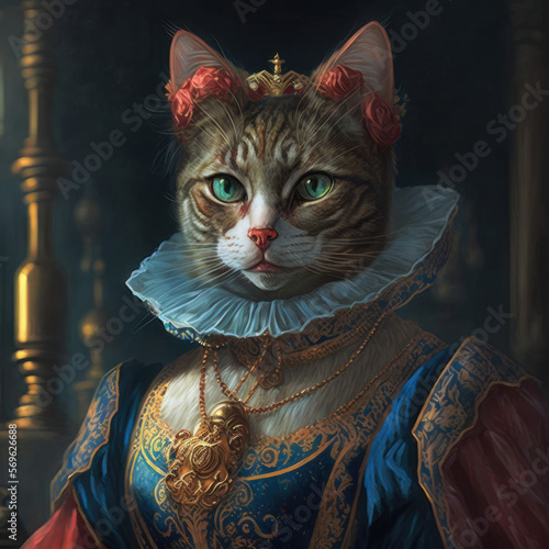 Portrait, Anthropomorphe Katze als Baronin, Generative AI
