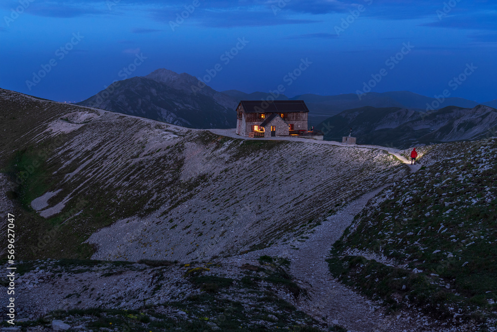 Mountain hut on top of mountains of Gran Sasso National Park at dusk, Campo Imperatore, Apennines, Abruzzo, Italy, Europe Mountain hut on top of mountains of Gran Sasso National Park at dusk, Campo Imperatore, Apennines, Abruzzo, Italy, Europe