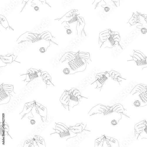 Collection. Human hands knit knitting needles and threads. Seamless pattern in modern style in one line. Solid line, sketches, posters, murals, stickers, logo. vector illustrations.