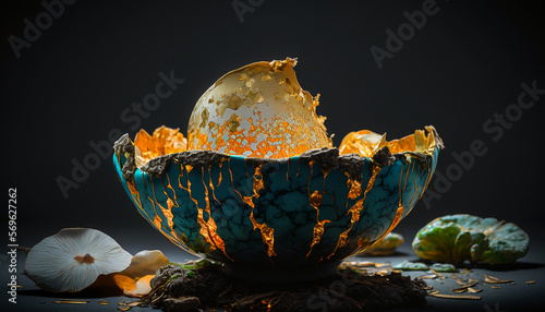 Spectacular kintsugi jade opal mushroom ceramic myceli Generative AI photo