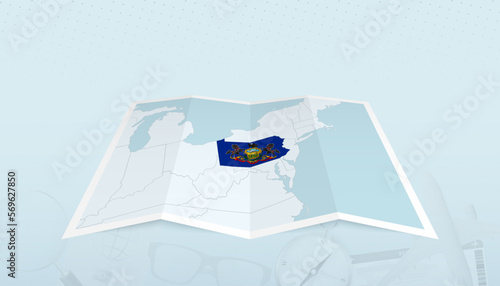 Map of Pennsylvania with the flag of Pennsylvania in the contour of the map on a trip abstract backdrop.