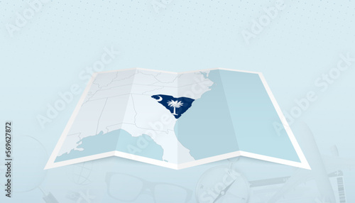 Map of South Carolina with the flag of South Carolina in the contour of the map on a trip abstract backdrop.