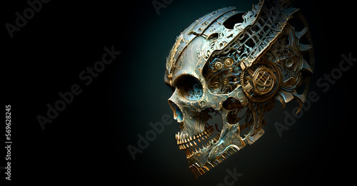  human skull bones biomechanical creepy, part machine part human bones. Fantasy horror image created with generative ai