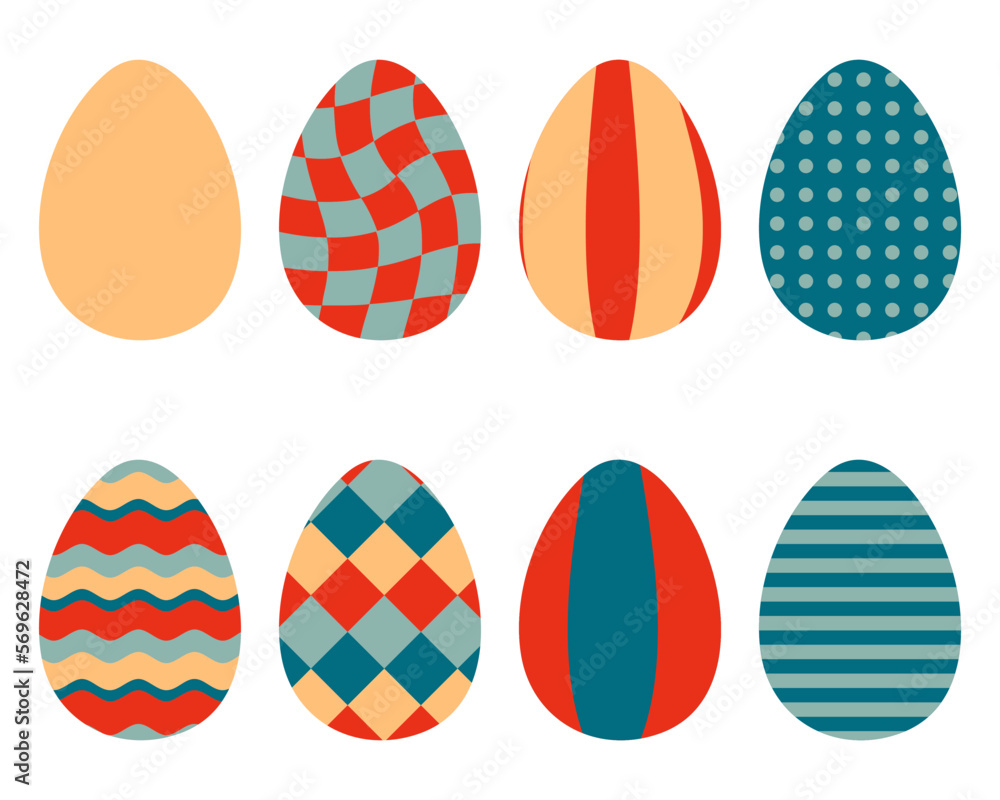Retro style abstract Easter eggs сlipart collection. Perfect for stickers, cards, print. Isolated vector illustration for decor and design.