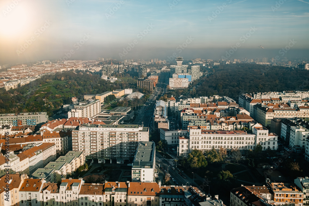 Panorama city of Prague from height. View Observation deck in Zizkov TV Tower