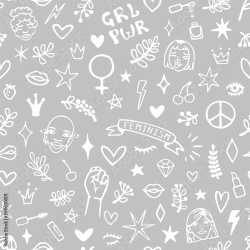Vector seamless pattern with hand drawn elements on feminism theme  faces  raised fist  slogans  symbols  lips  hearts  branches and stars.