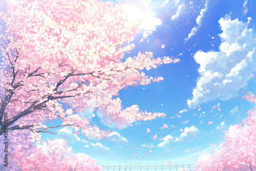 Fotografija Cherry blossoms, blue sky and white clouds, Generative AI