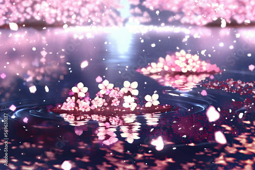 Cherry blossoms floating in water, Generative AI