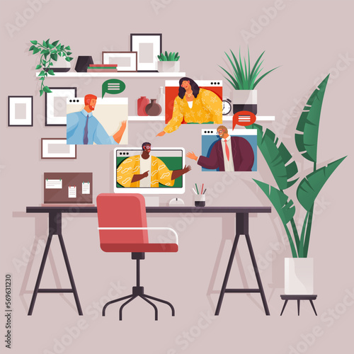 Video conference, converse via video call. Group of people on computer screen talking with colleague. Office chat and online communication concept. Virtual work meeting and videoconferencing