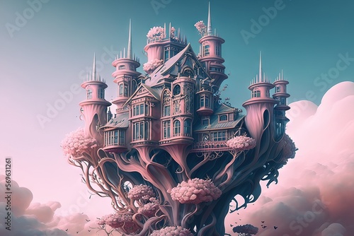 fantasy castle in the sky, pastel, clouds, Generative AI