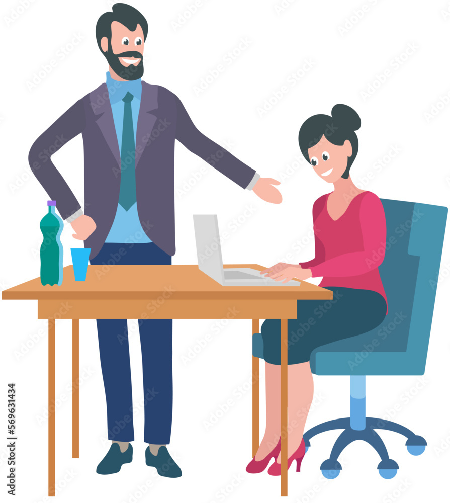 Colleagues have meeting in office. Discussion and brainstorming process, employee conversation. People discuss data at workplace with laptop. Plan development strategy. Boss talking to subordinate Colleagues have meeting in office. Discussion and brainstorming process, employee conversation. People discuss data at workplace with laptop. Plan development strategy. Boss talking to subordinate