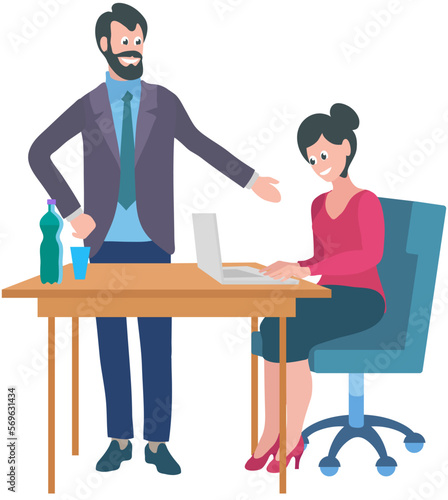 Colleagues have meeting in office. Discussion and brainstorming process, employee conversation. People discuss data at workplace with laptop. Plan development strategy. Boss talking to subordinate