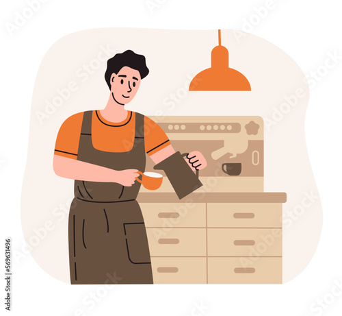 Professional coffee brewing. Cute barista making cappuccino at cafe or coffeeshop.