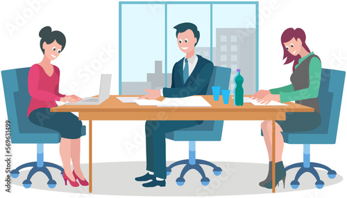 Teamwork concept with business people solving tasks together, sitting at table with laptop. Boss talking to subordinate in office. Collaboration employees talking discussing plan working with computer