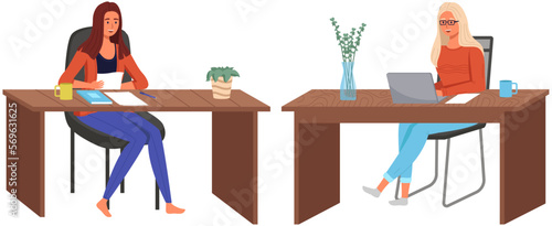 Podcaster woman character in office room interior. Girl listening audio podcast and speaking at live streaming use smartphone and laptop on her vlog. Podcaster making, blogger, technology concept