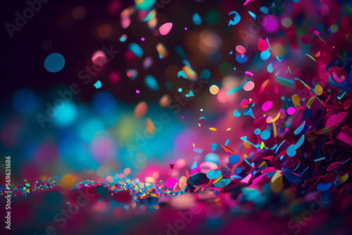 Festive flying in the air colored confetti for the celebration and party at night, multicolored paper confetti to celebrate victory and birthday and new year. Generative AI © VICHIZH