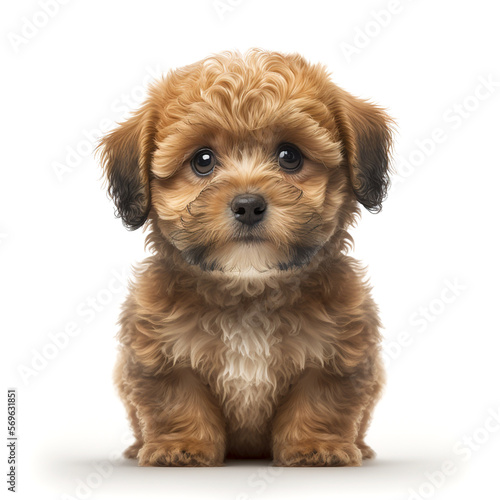 cute maltipu dog, looking directly to the camera, white background