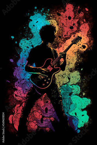 Rock festival or concert design template with guitar. Could be used for flyer, leaflet, brochure, advertising, poster, banner. Generative AI