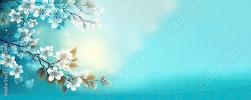 Spring flower blossoms banner label with copy space, light blue tree blossoms flowers and background