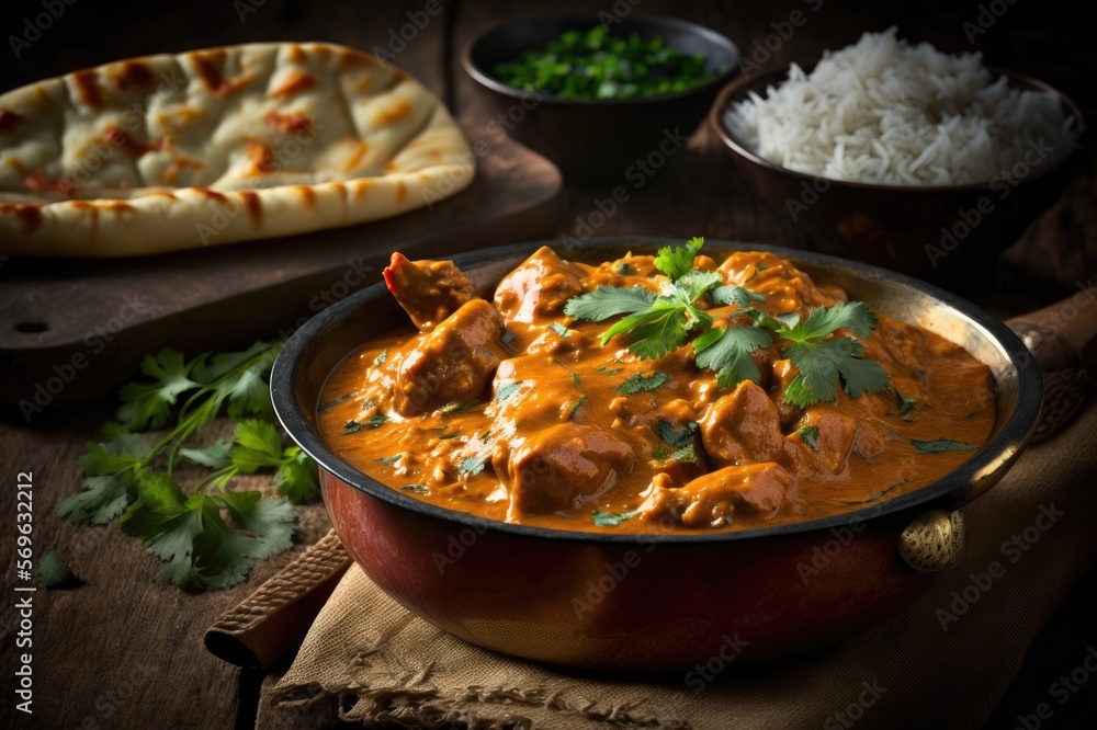 Indian curry dinner, butter chicken with naan bread and basmati rice