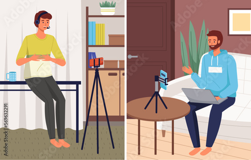 Negotiation session, blogger recording video for blog. Video call, podcast concept. Man with smartphone talking to friend on screen at online meeting. Distance learning at educational platform