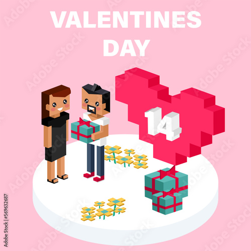 Valentine day concept. Red pixel heart flower with sweet couple on honeymoon vacation summer holidays romance. Love isometric concept. Happy Valentines Day 14. Love, honesty, romantic, relationship