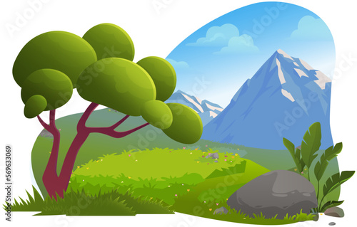 Summer mountain landscape with green hills and trees. Beautiful meadow scenery vector Illustration with grass and blue sky. Can be used for traveling, spring outdoor recreation and tourism location