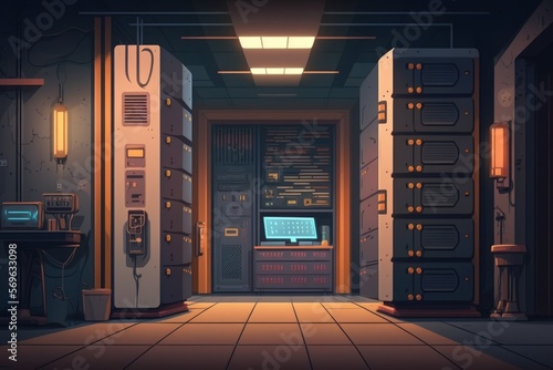 Server room with a modern, industrial decor and servers. Generative AI