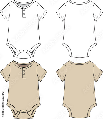 Infant Baby Toddler Short-Sleeve Henley Bodysuit Mockup Sketch Template Technical CAD Illustration