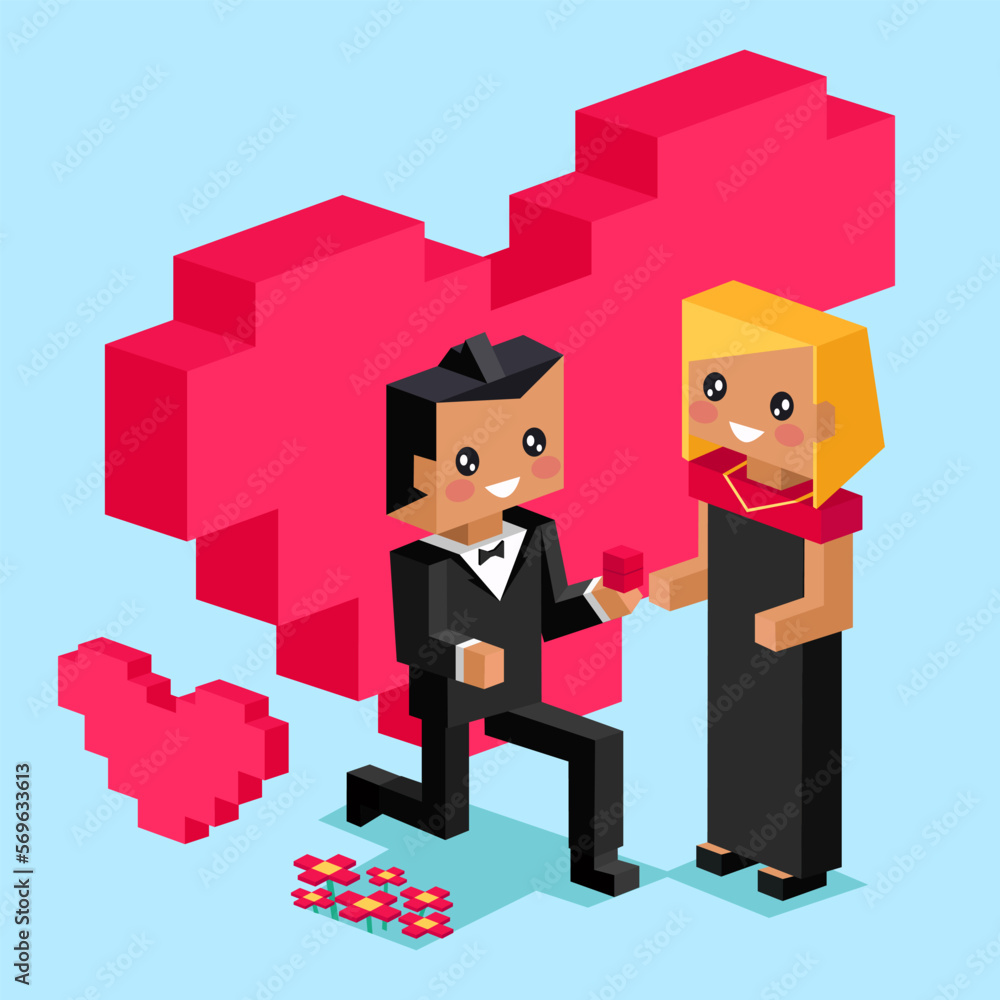 Obraz premium Valentine day pixel. Proposal for marriage at Valentines day. 3d gifts for wife and husband. Love isometric concept wallpaper, card. Happy Valentines Day 14. Love, honesty, romantic, relationship