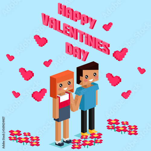 Valentine day concept. Red pixel heart flower with sweet couple on honeymoon vacation summer holidays romance. Love isometric concept. Happy Valentines Day. Love, honesty, romantic, relationship