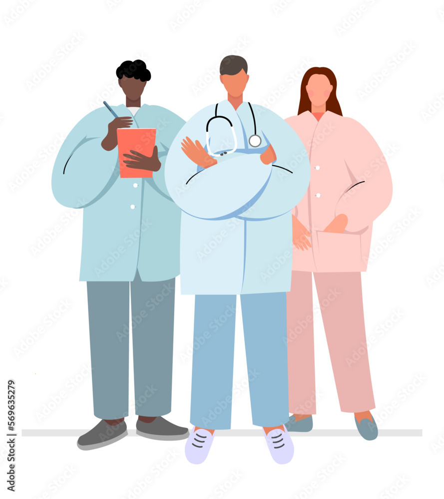 Three doctors with stethoscope and folder. Illustration isolated on a white background.
