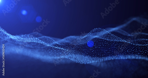 Futuristic abstract blue glowing wave lines from dots and particles of shining pixels magical energy glowing neon in sunbeams. Abstract background. Screensaver © Bolbik