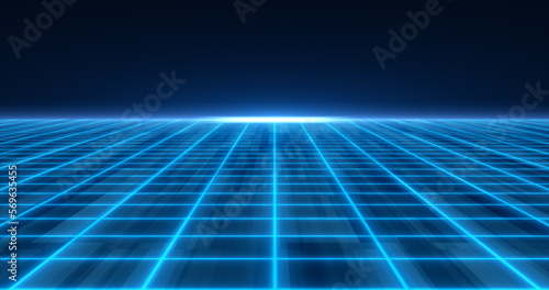 Abstract blue glowing neon laser grid futuristic high tech with energy lines on surface and horizon, abstract background. Video 4k, motion design