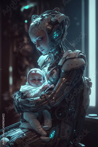 futuristic scene, robot nanny cradles a newborn - AI generative