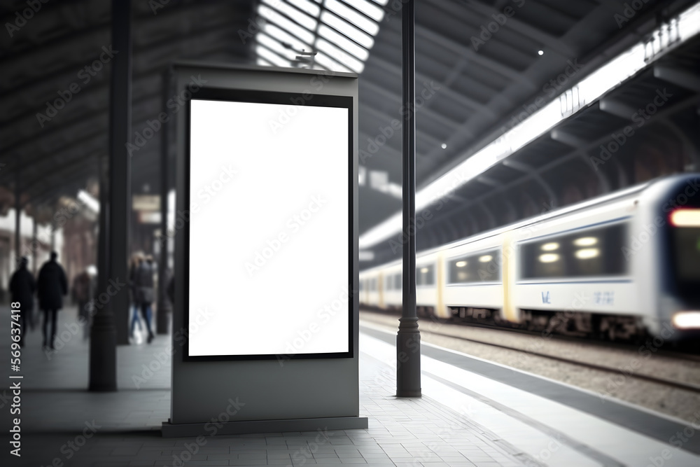 Underground empty verticle billboard at station, mock-up billboard template
