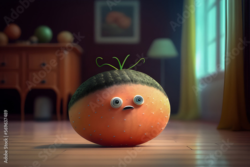 Melon Adorable and lovable character 3d cute, 3d cartoon character AI Generative,  AI Illustration photo