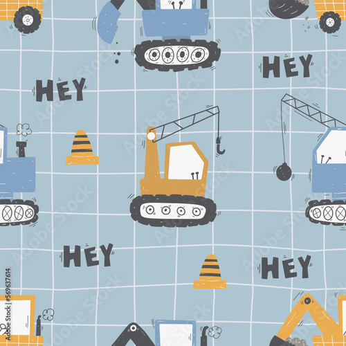 Cute children's seamless pattern with trucks and diggers in Scandinavian style on a white background. Building equipment. Funny construction transport