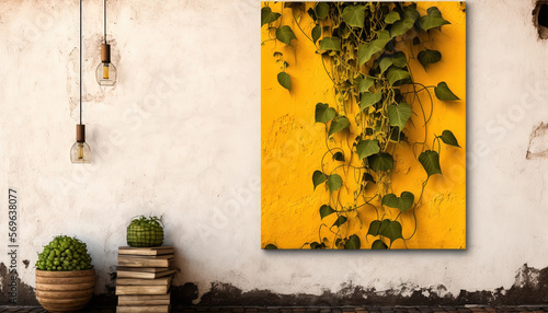  a picture of a plant on a yellow wall next to a stack of books and a potted plant on a wooden table with a yellow background.  generative ai