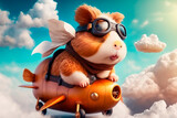 Cute funny illustration of flying guinea pig in fantasy world with clouds and blue sky