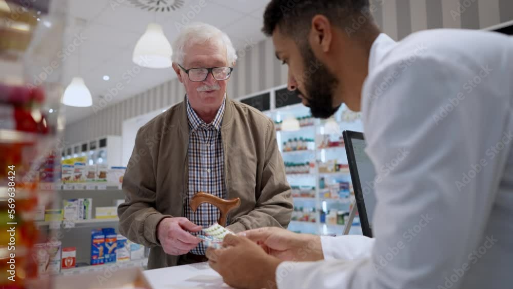 Young pharmacist explaining to customer how to dosing medication. Young pharmacist explaining to customer how to dosing medication.